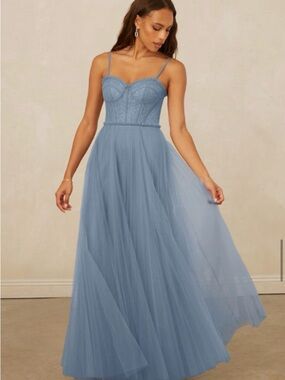 Azazie Christian Siriano Dusty Blue Tulle Gown with Corset Bodice